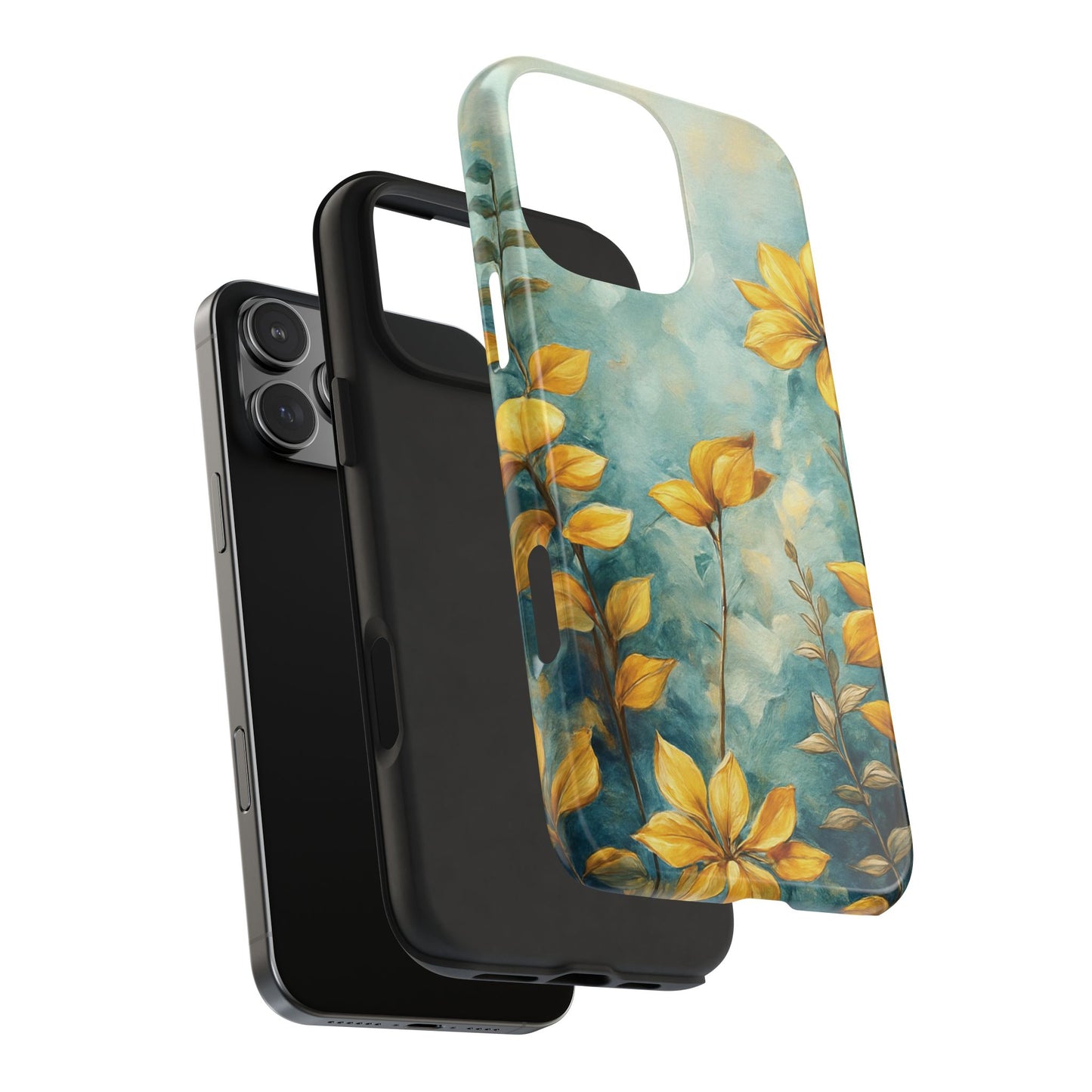 Floral Sunrise Tough Phone Case — Yellow Blooms on Teal Protective Cover