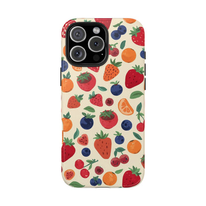 Fruit Pattern Tough Phone Case — Colorful Strawberry, Blueberry & Orange Protective Cover