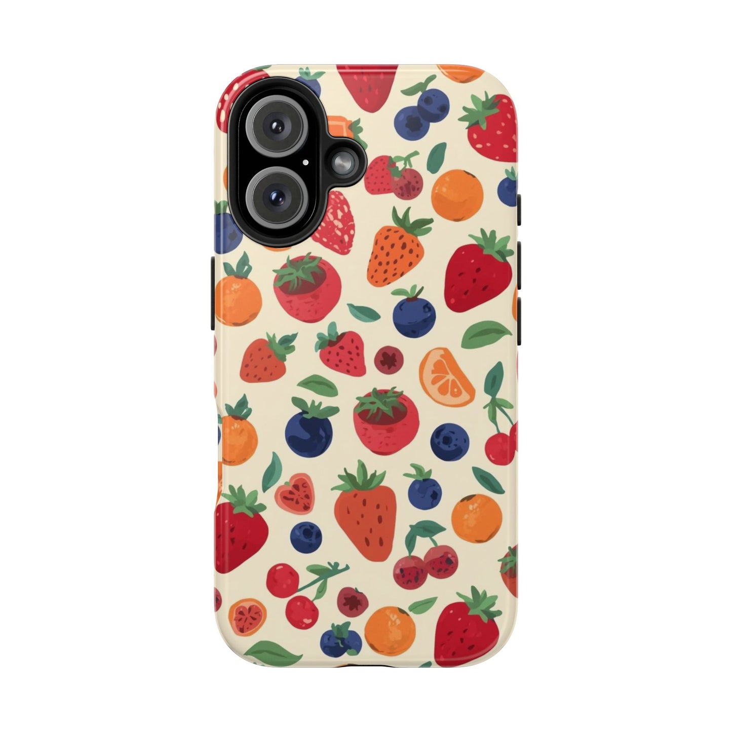 Fruit Pattern Tough Phone Case — Colorful Strawberry, Blueberry & Orange Protective Cover
