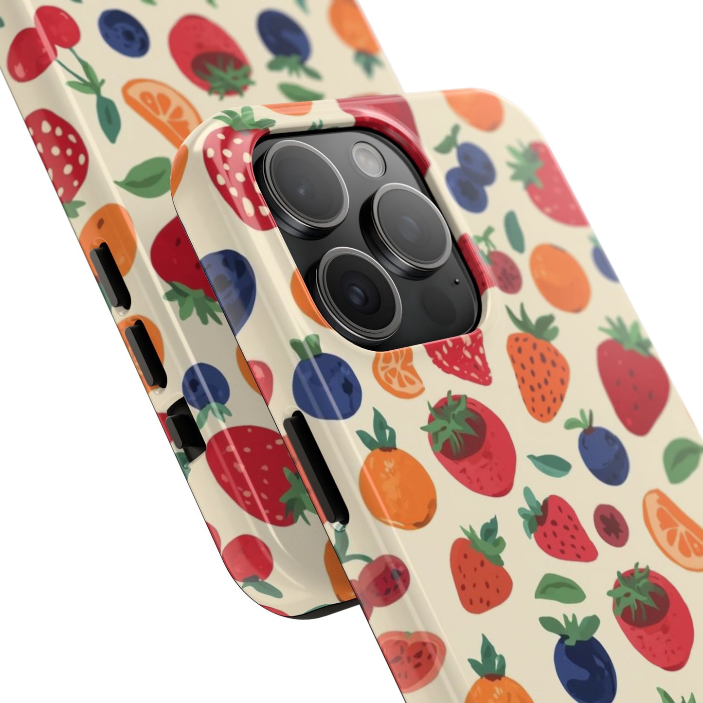Fruit Pattern Tough Phone Case — Colorful Strawberry, Blueberry & Orange Protective Cover