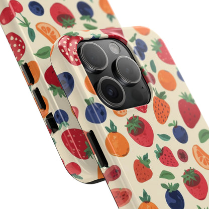 Fruit Pattern Tough Phone Case — Colorful Strawberry, Blueberry & Orange Protective Cover