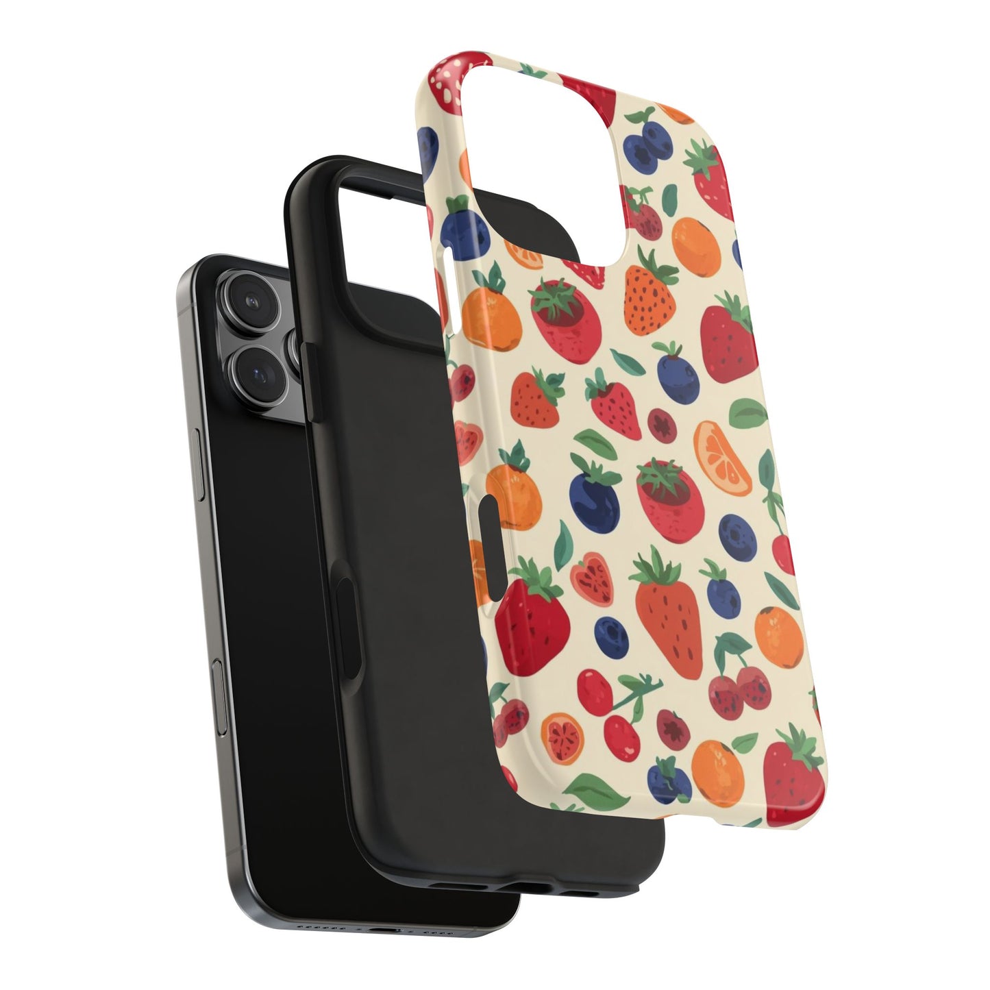 Fruit Pattern Tough Phone Case — Colorful Strawberry, Blueberry & Orange Protective Cover