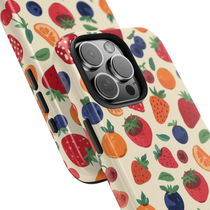 Fruit Pattern Tough Phone Case — Colorful Strawberry, Blueberry & Orange Protective Cover