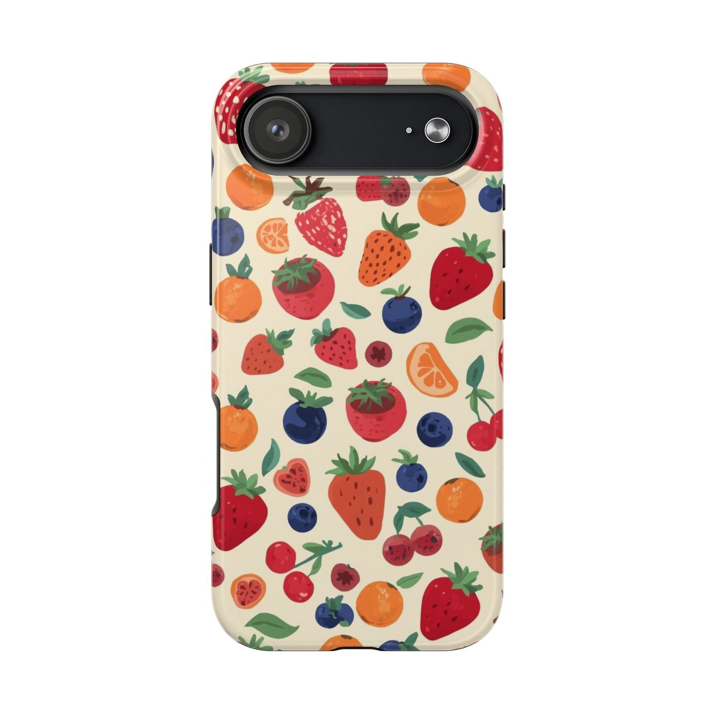 Fruit Pattern Tough Phone Case — Colorful Strawberry, Blueberry & Orange Protective Cover