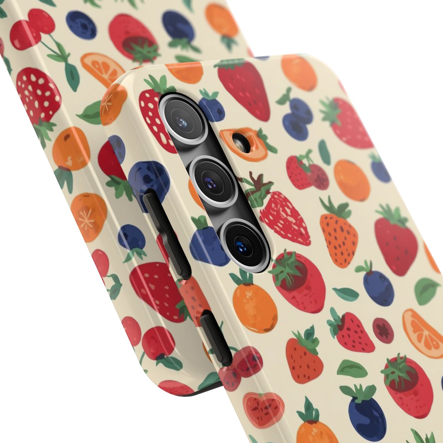 Fruit Pattern Tough Phone Case — Colorful Strawberry, Blueberry & Orange Protective Cover