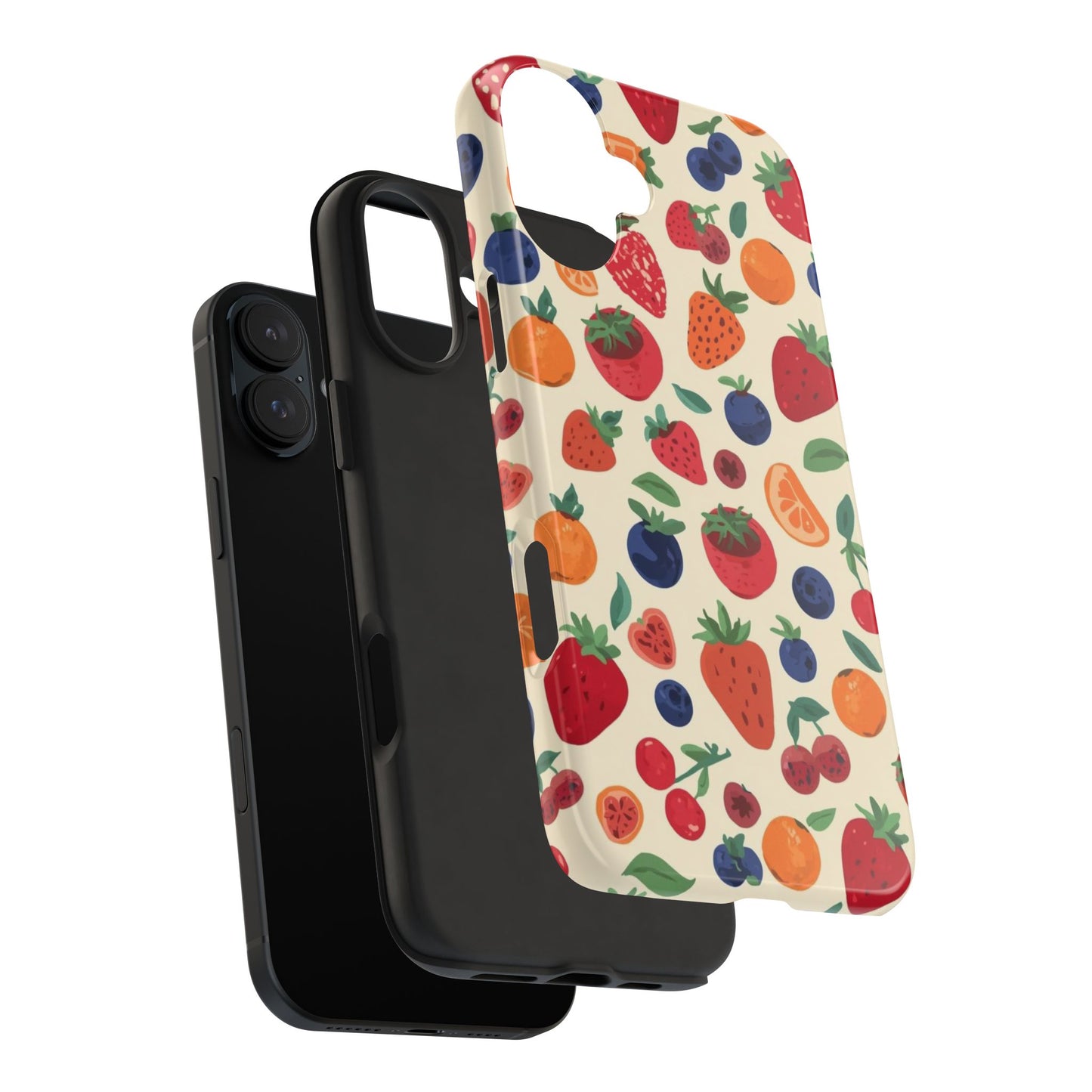 Fruit Pattern Tough Phone Case — Colorful Strawberry, Blueberry & Orange Protective Cover