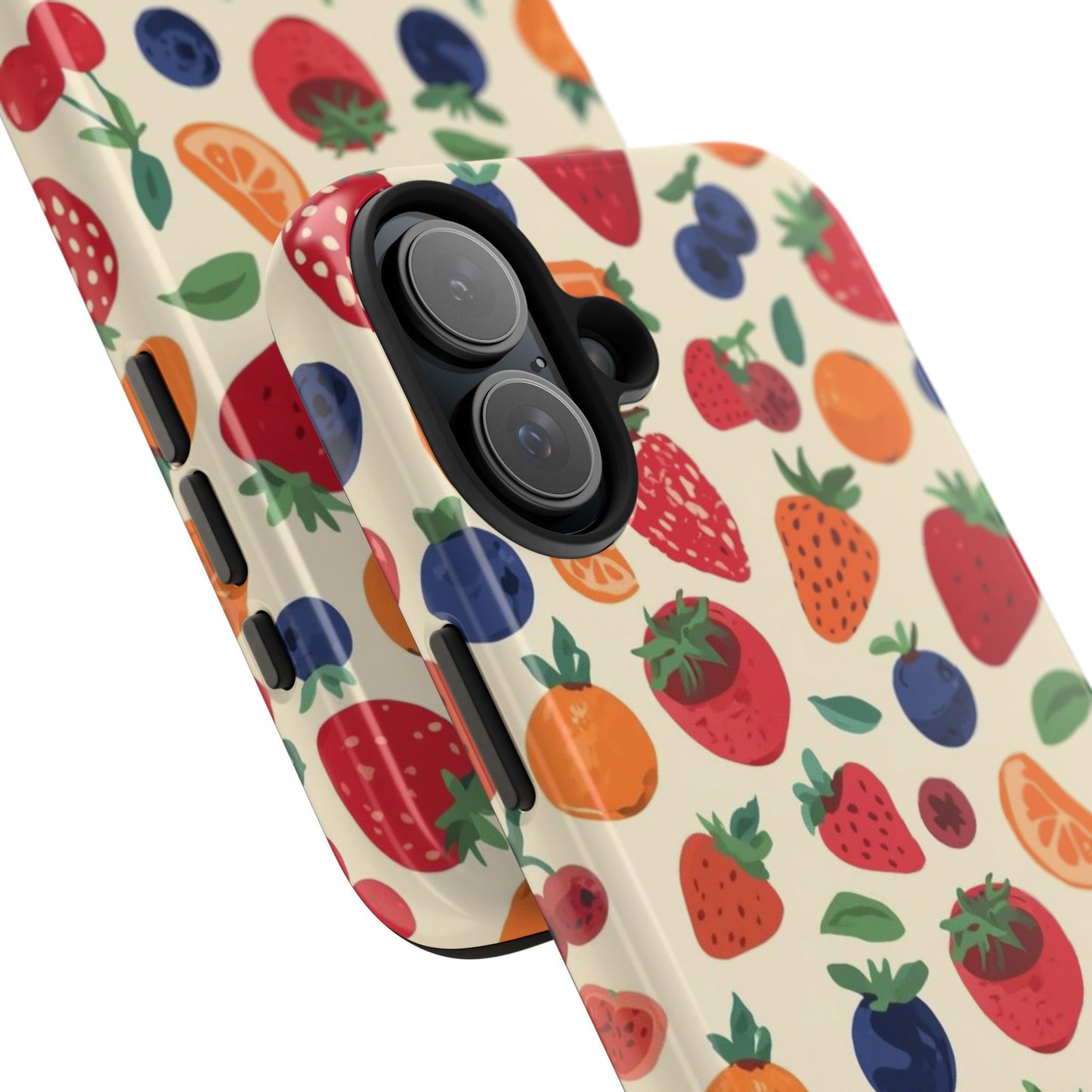 Fruit Pattern Tough Phone Case — Colorful Strawberry, Blueberry & Orange Protective Cover