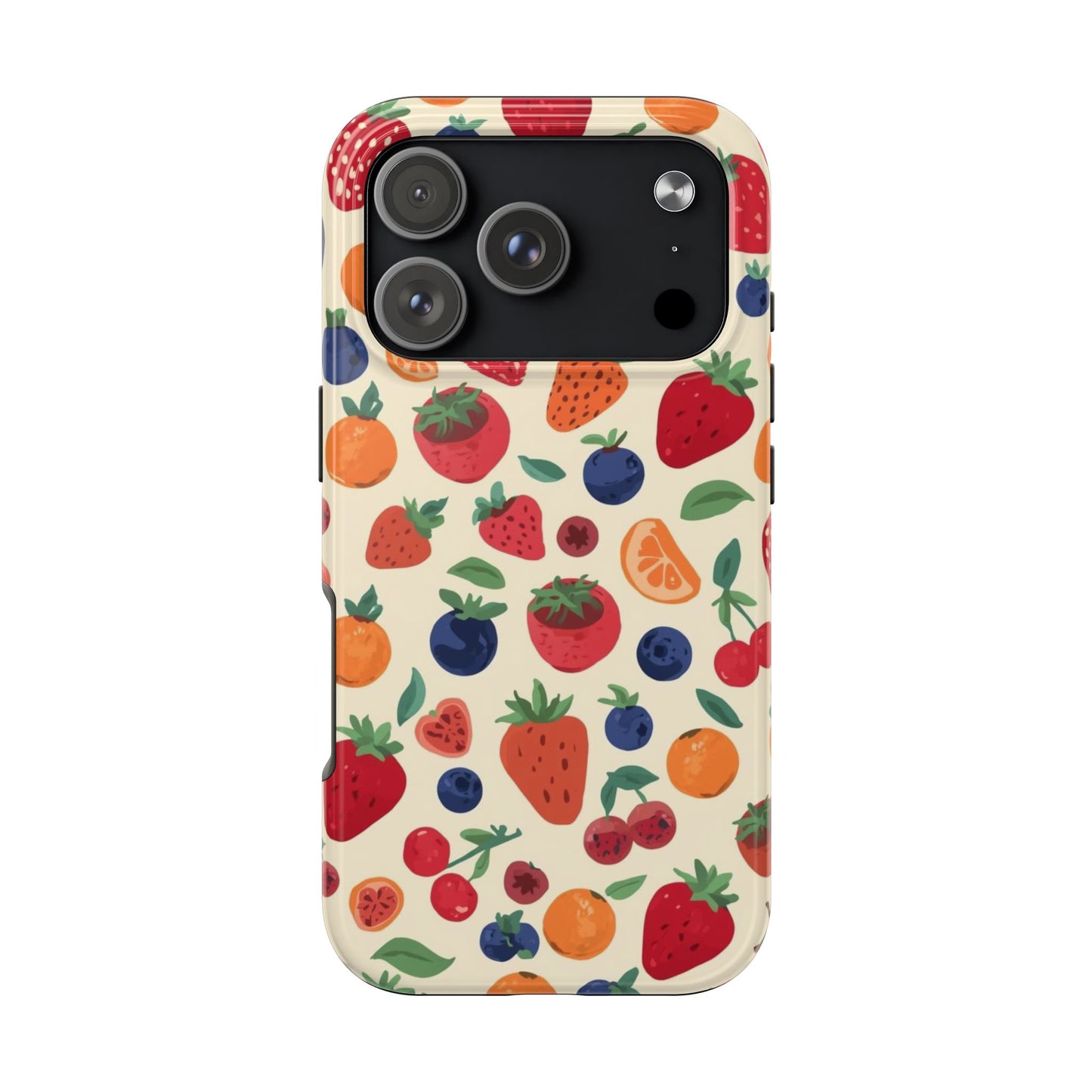 Fruit Pattern Tough Phone Case — Colorful Strawberry, Blueberry & Orange Protective Cover