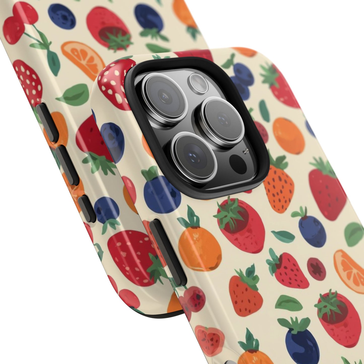 Fruit Pattern Tough Phone Case — Colorful Strawberry, Blueberry & Orange Protective Cover