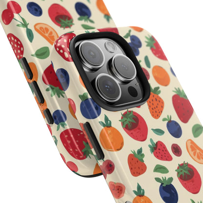 Fruit Pattern Tough Phone Case — Colorful Strawberry, Blueberry & Orange Protective Cover