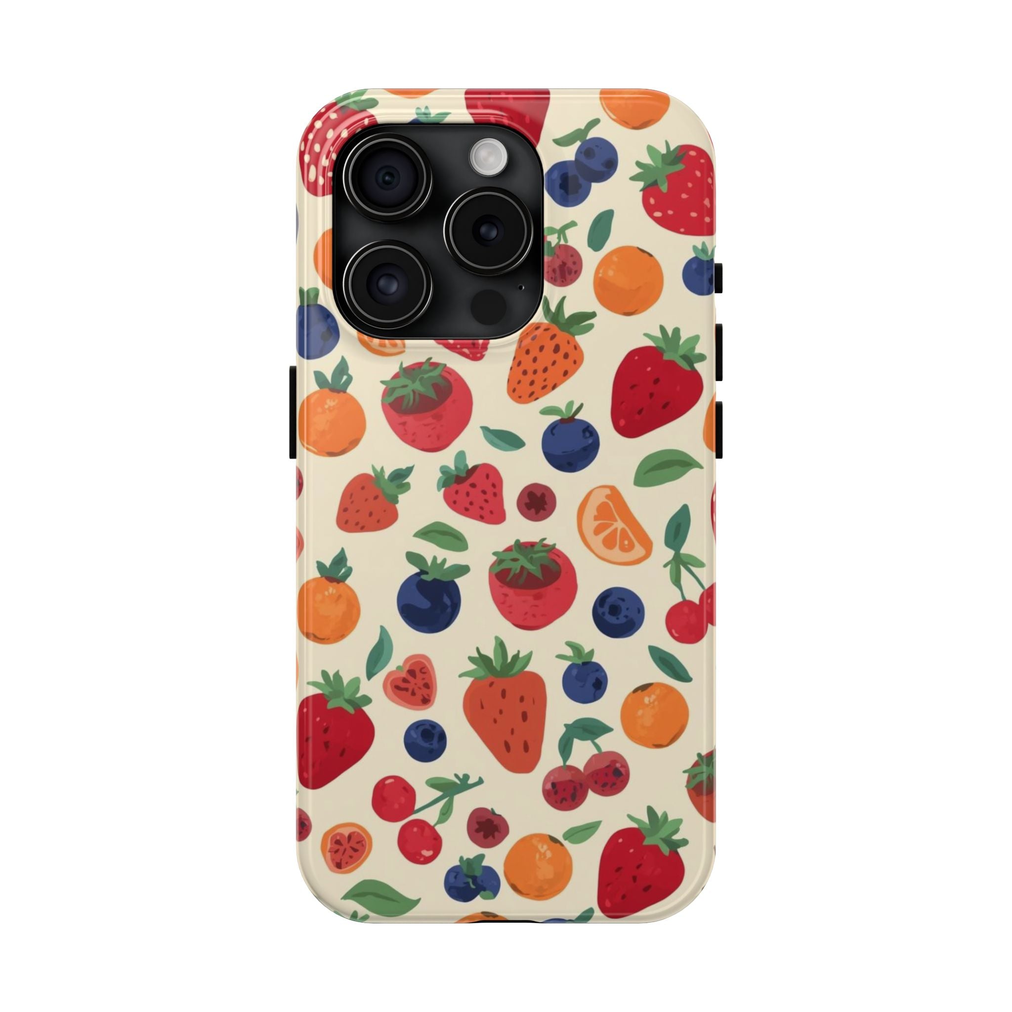 Fruit Pattern Tough Phone Case — Colorful Strawberry, Blueberry & Orange Protective Cover