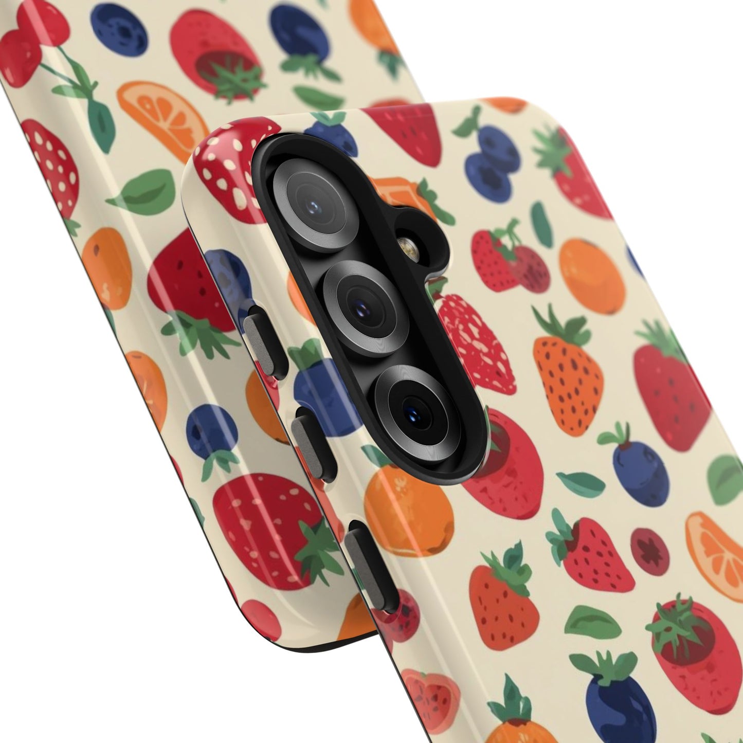 Fruit Pattern Tough Phone Case — Colorful Strawberry, Blueberry & Orange Protective Cover
