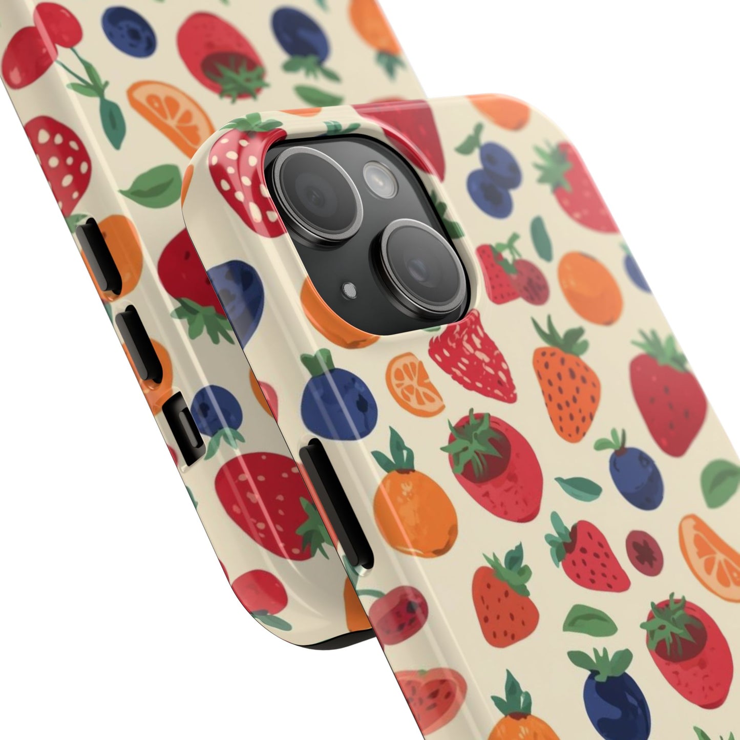 Fruit Pattern Tough Phone Case — Colorful Strawberry, Blueberry & Orange Protective Cover