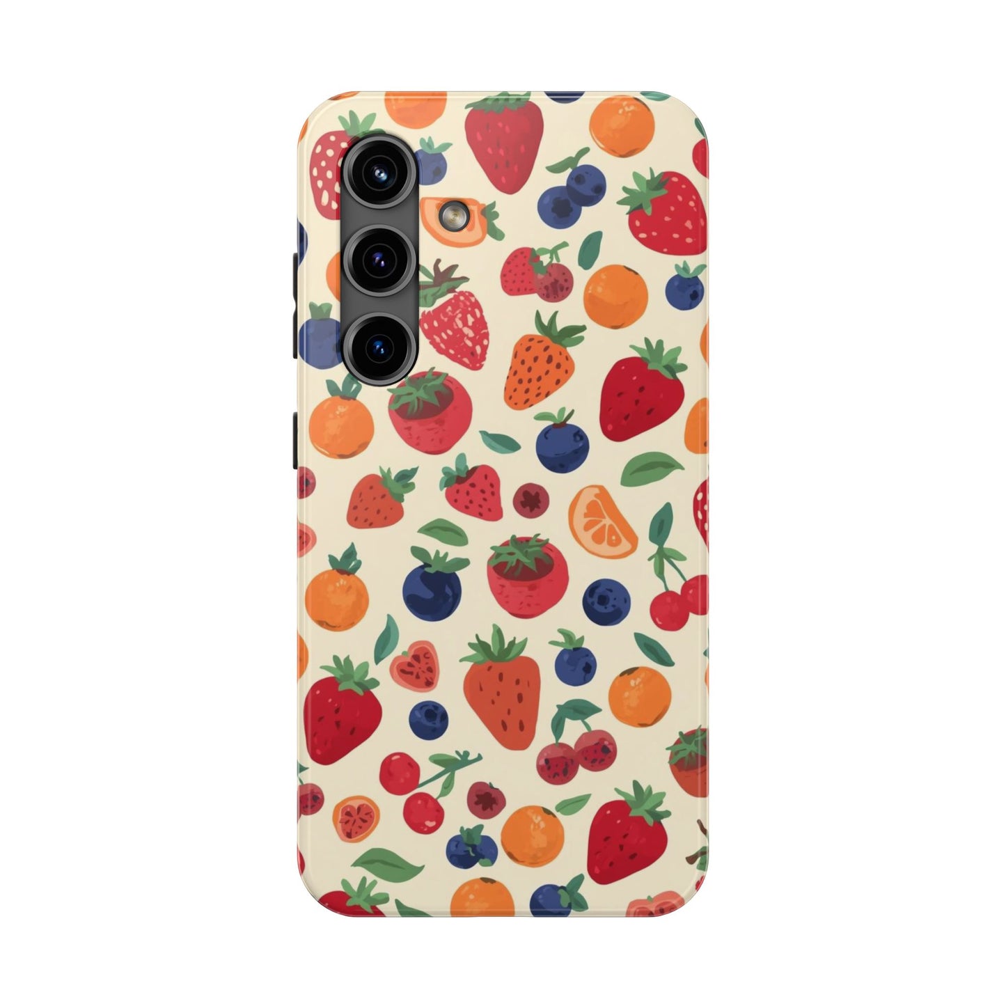 Fruit Pattern Tough Phone Case — Colorful Strawberry, Blueberry & Orange Protective Cover