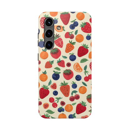 Fruit Pattern Tough Phone Case — Colorful Strawberry, Blueberry & Orange Protective Cover