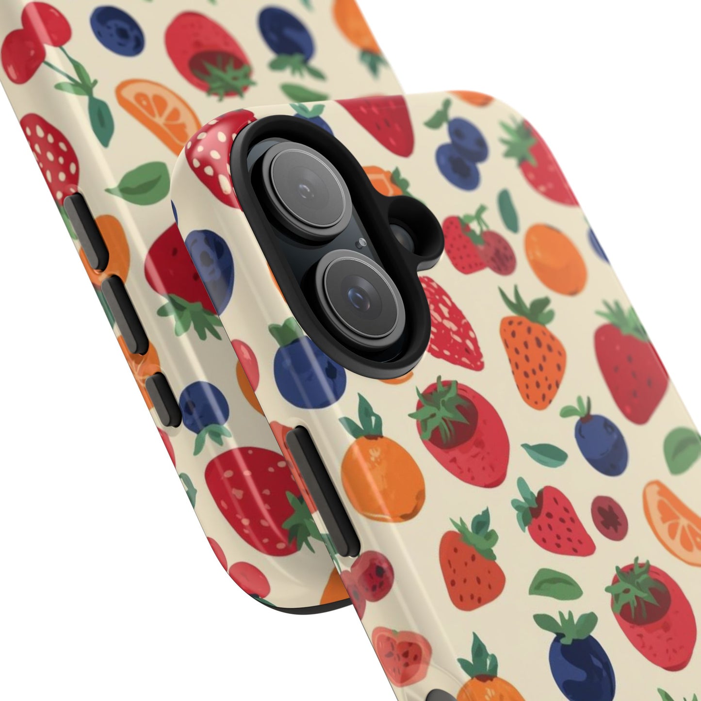 Fruit Pattern Tough Phone Case — Colorful Strawberry, Blueberry & Orange Protective Cover