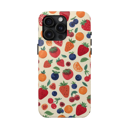 Fruit Pattern Tough Phone Case — Colorful Strawberry, Blueberry & Orange Protective Cover