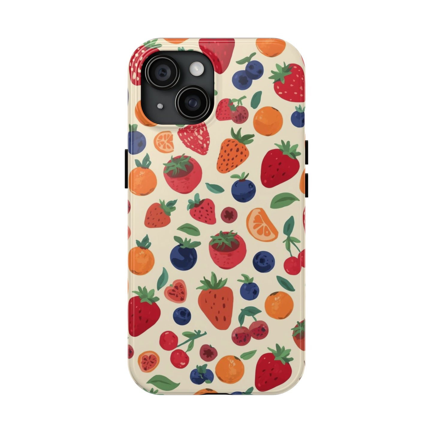 Fruit Pattern Tough Phone Case — Colorful Strawberry, Blueberry & Orange Protective Cover