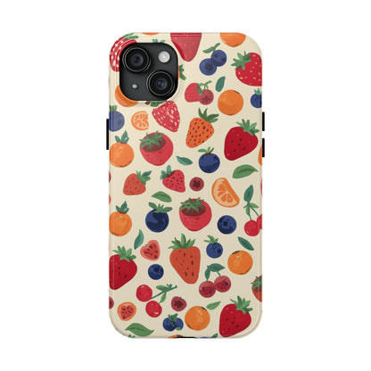 Fruit Pattern Tough Phone Case — Colorful Strawberry, Blueberry & Orange Protective Cover