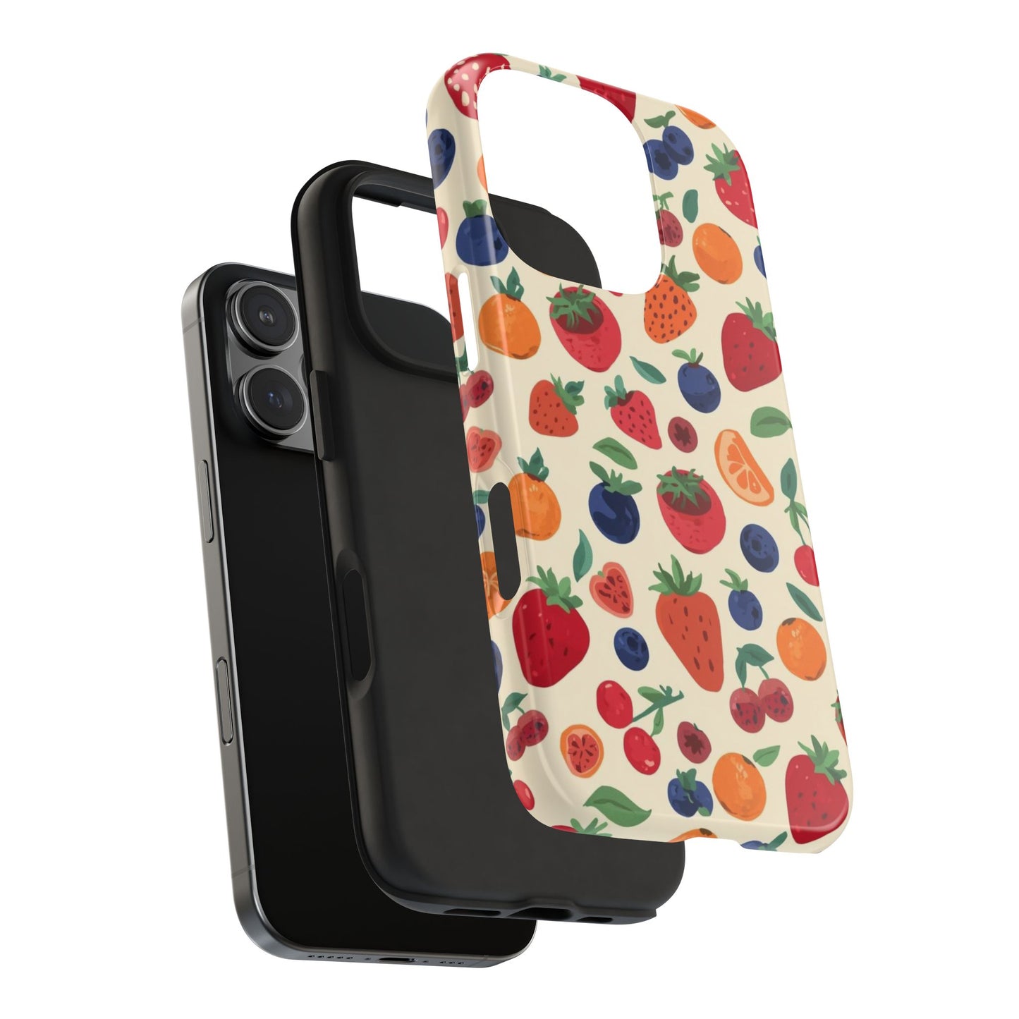 Fruit Pattern Tough Phone Case — Colorful Strawberry, Blueberry & Orange Protective Cover