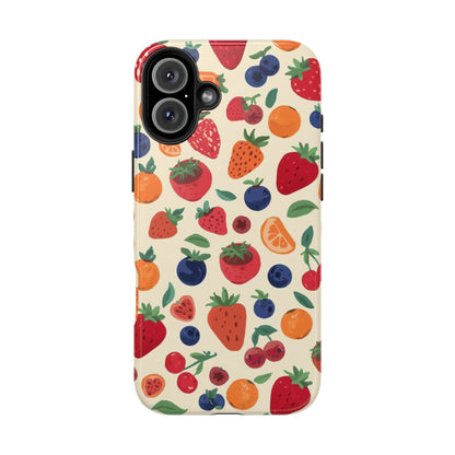 Fruit Pattern Tough Phone Case — Colorful Strawberry, Blueberry & Orange Protective Cover