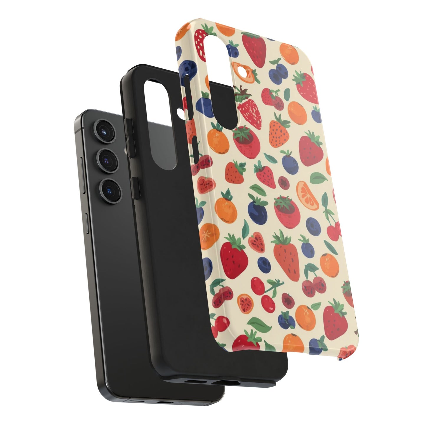 Fruit Pattern Tough Phone Case — Colorful Strawberry, Blueberry & Orange Protective Cover