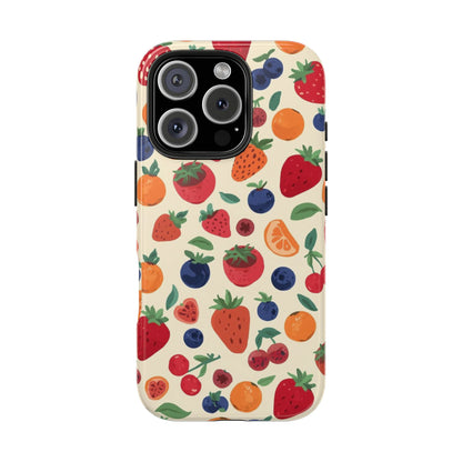 Fruit Pattern Tough Phone Case — Colorful Strawberry, Blueberry & Orange Protective Cover