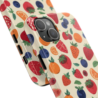 Fruit Pattern Tough Phone Case — Colorful Strawberry, Blueberry & Orange Protective Cover