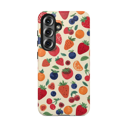 Fruit Pattern Tough Phone Case — Colorful Strawberry, Blueberry & Orange Protective Cover