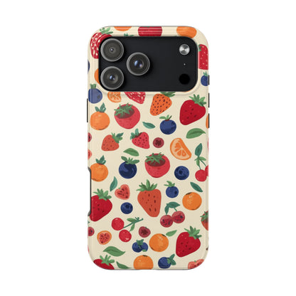 Fruit Pattern Tough Phone Case — Colorful Strawberry, Blueberry & Orange Protective Cover
